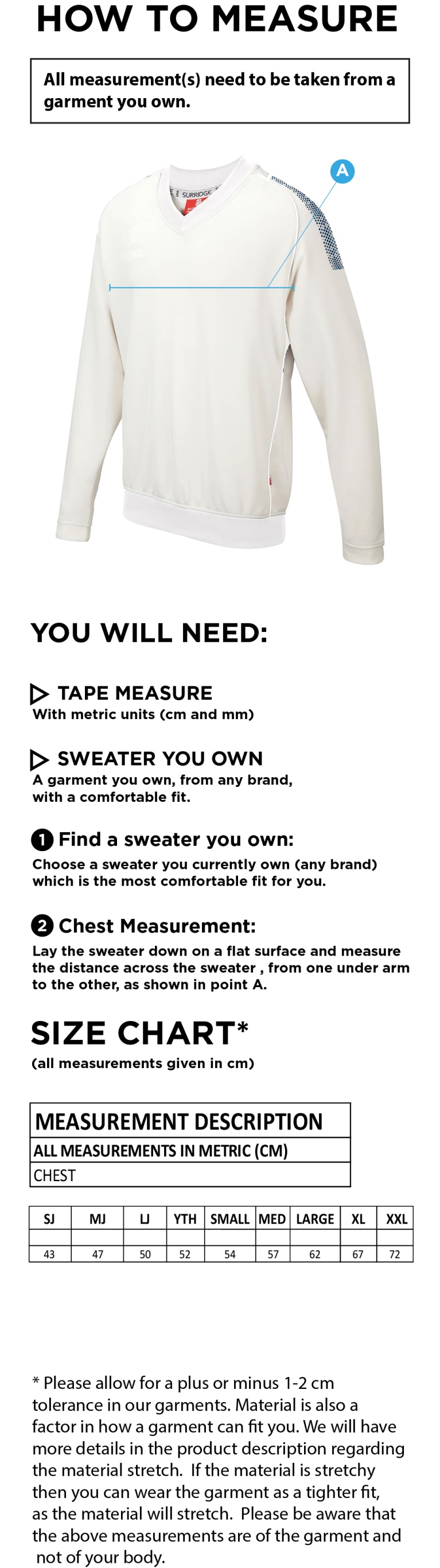 Polegate & Stone Cross CC - Dual Long Sleeve Sweater - Size Guide