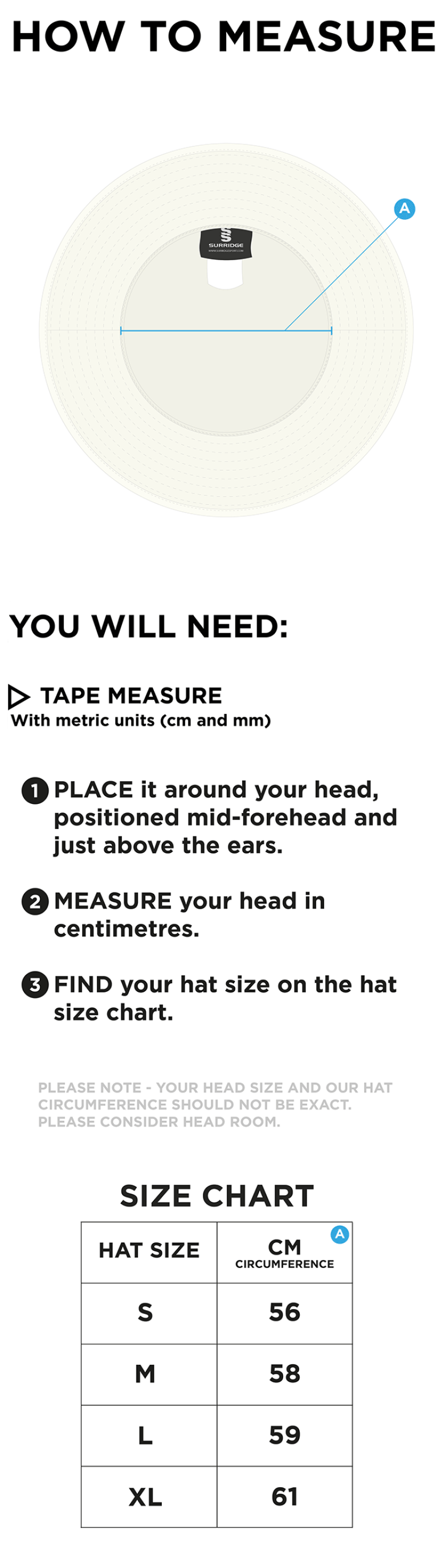 Polegate & Stone Cross CC - Floppy Hat - Size Guide