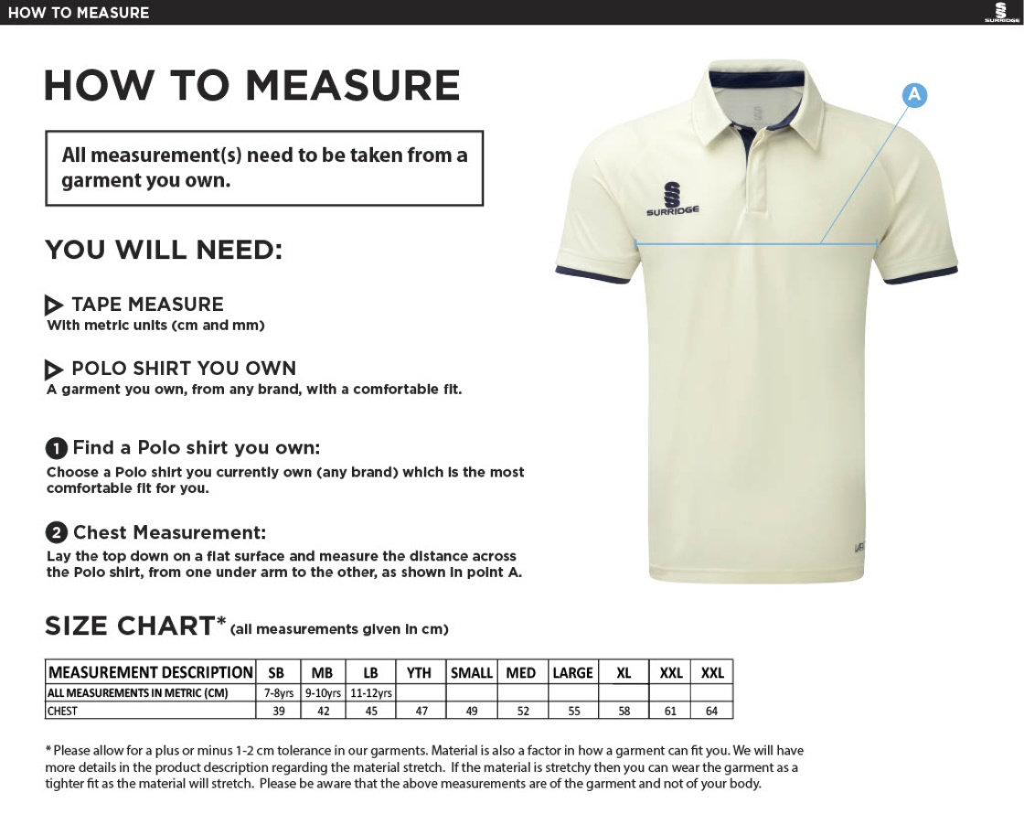 Polegate & Stone Cross CC - Fuse Short Sleeve Cricket Shirt - Mens / Juniors - Size Guide