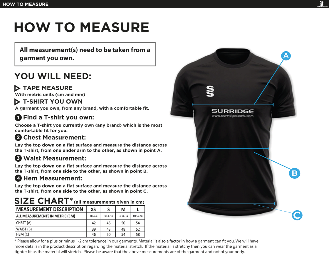 Polegate & Stone Cross CC - Dual Games Shirt - Women's - Size Guide