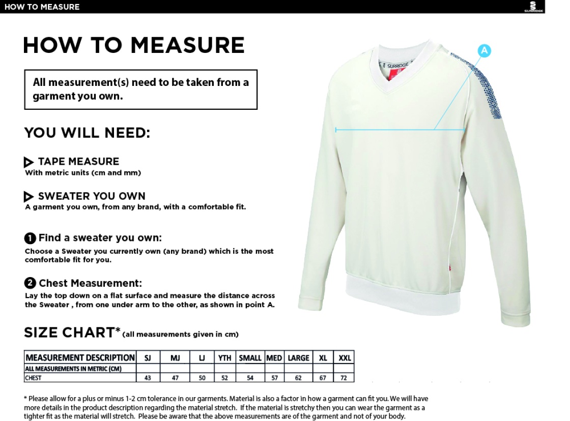Polegate & Stone Cross CC - Dual Long Sleeve Sweater - Size Guide